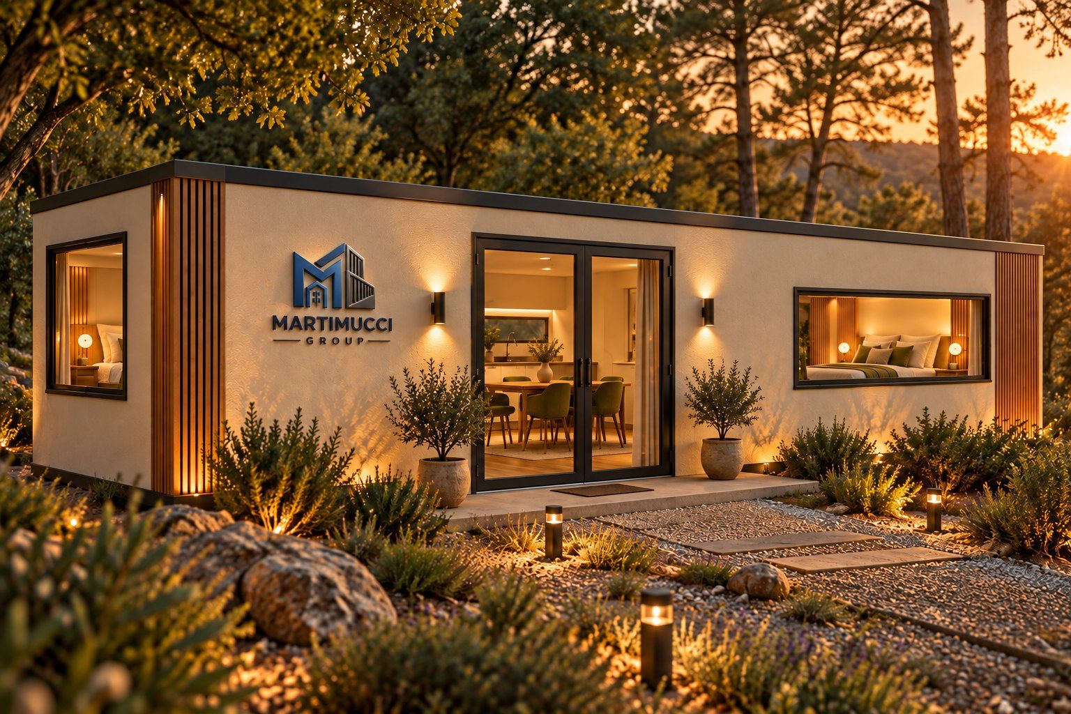 Modulo container 40 piedi rivestito in legno al tramonto